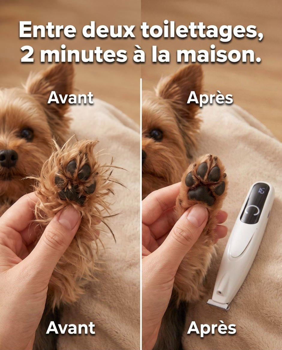 Patte de chien avant et après la coupe des poils entre les coussinets