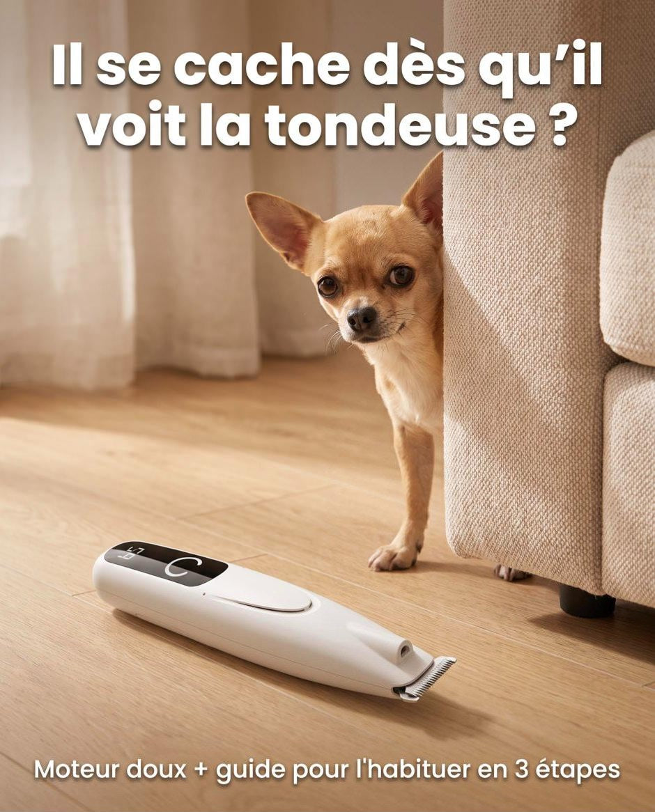 Chien inquiet face à une tondeuse bruyante